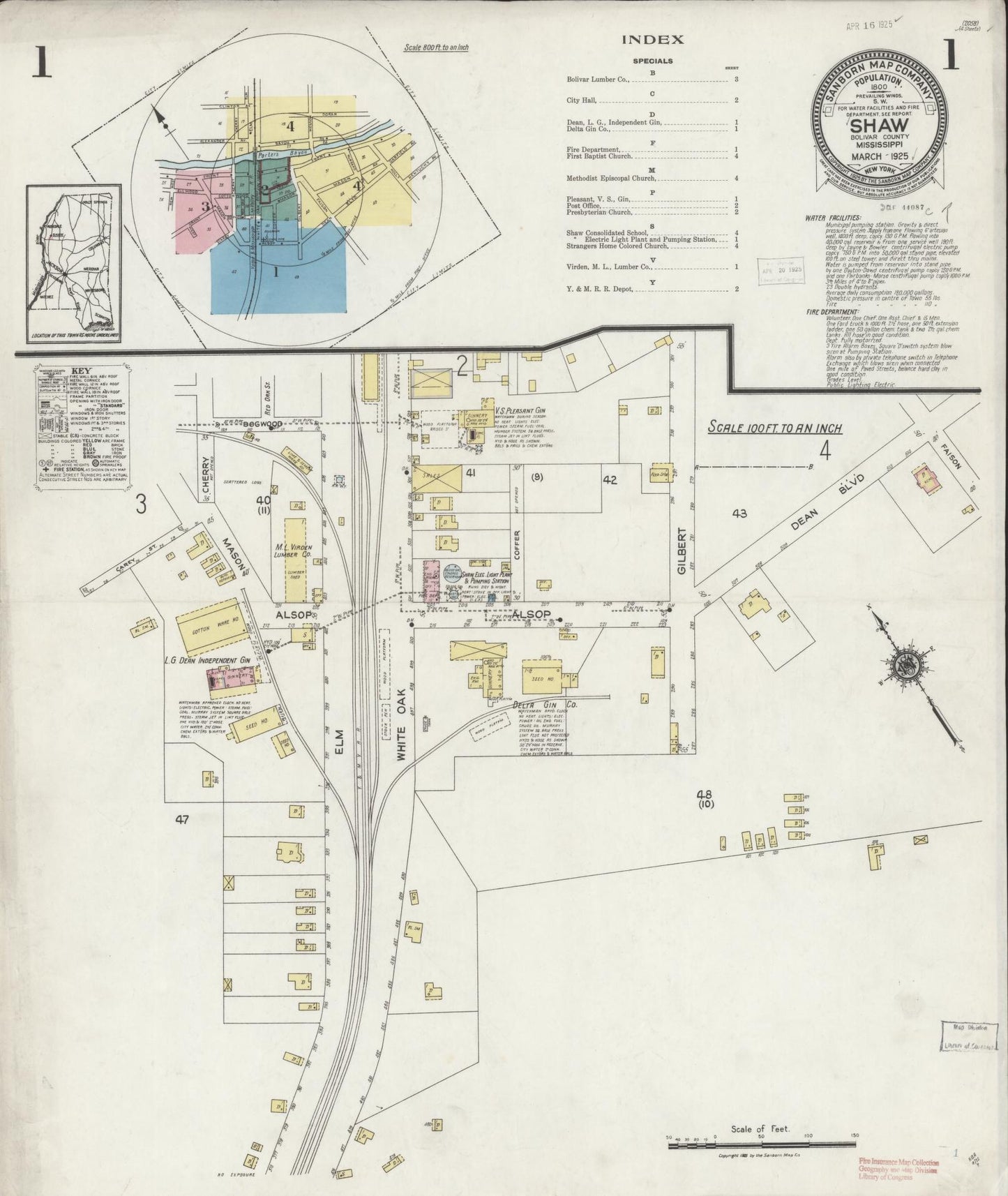 Sanborn Fire Insurance Map from Shaw, Bolivar County, Mississippi (1925), Sheet #0001 - Complete Map Set gallery image, historic Sanborn map, vintage wall art, Mississippi Mississippi