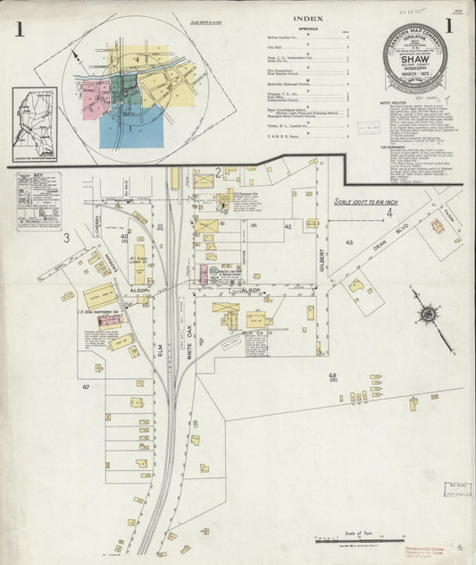 Sanborn Fire Insurance Map from Shaw, Bolivar County, Mississippi (1925), Sheet #0001 - Complete Map Set gallery image, historic Sanborn map, vintage wall art, Mississippi Mississippi
