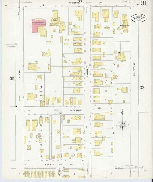 Sanborn Fire Insurance Map from Pine Bluff, Jefferson County, Arkansas (1908), Sheet #0031 - Historic Sanborn Fire Insurance Map Print, vintage old map wall art, antique decor, genealogy gift, Arkansas Arkansas map
