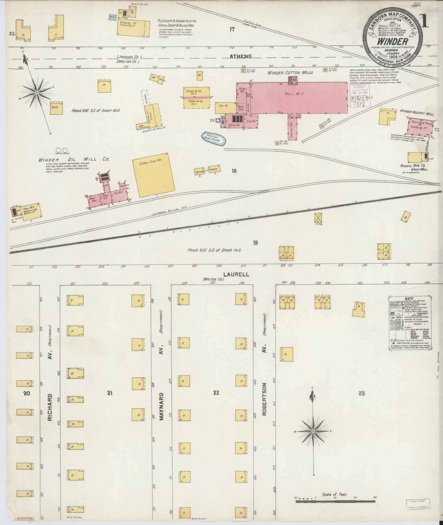 Sanborn Fire Insurance Map from Winder, Barrow County, Georgia (1903), Sheet #0001 - Historic Sanborn Fire Insurance Map Print, vintage old map wall art, antique decor, genealogy gift, Georgia Georgia map