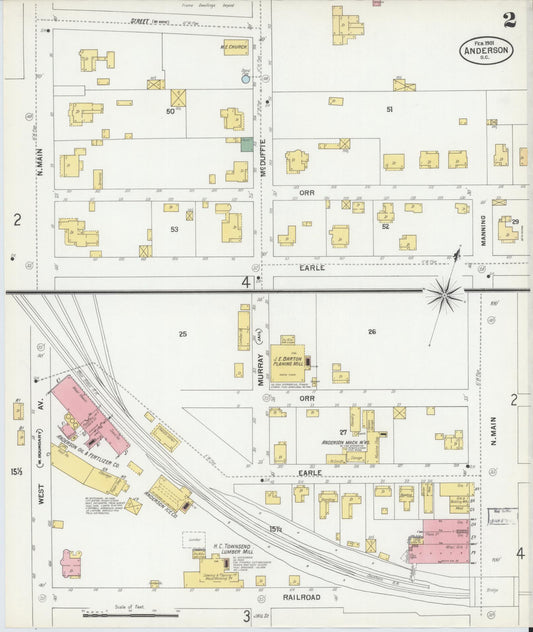 Sanborn Fire Insurance Map from Anderson, Anderson County, South Carolina (1901), Sheet #0002 - Historic Sanborn Fire Insurance Map Print, vintage old map wall art, antique decor, genealogy gift, South Carolina South Carolina map