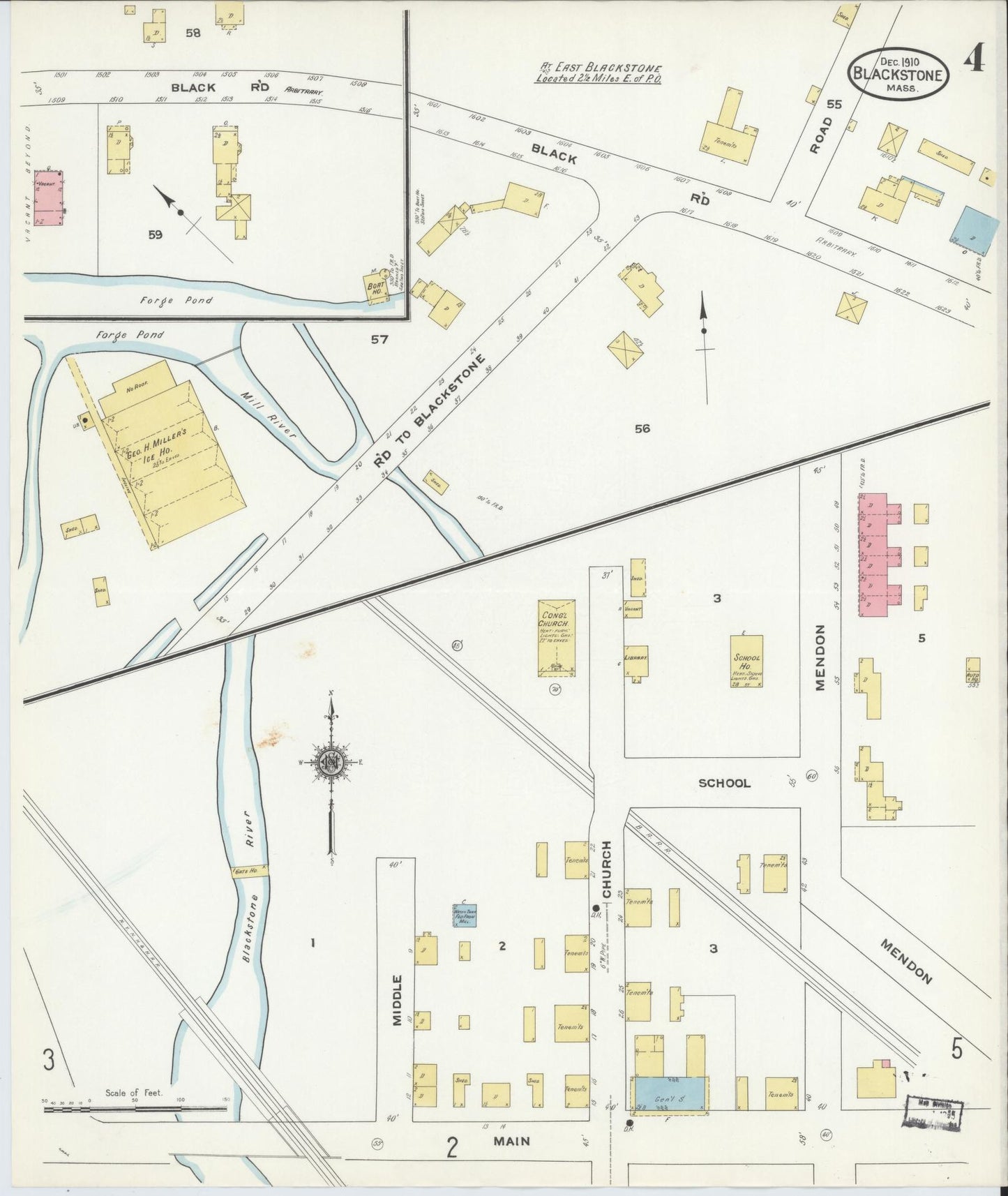 Sanborn Fire Insurance Map from Blackstone, Worcester County, Massachusetts (1910), Sheet #0004 - Historic Sanborn Fire Insurance Map Print, vintage old map wall art, antique decor, genealogy gift, Massachusetts Massachusetts map