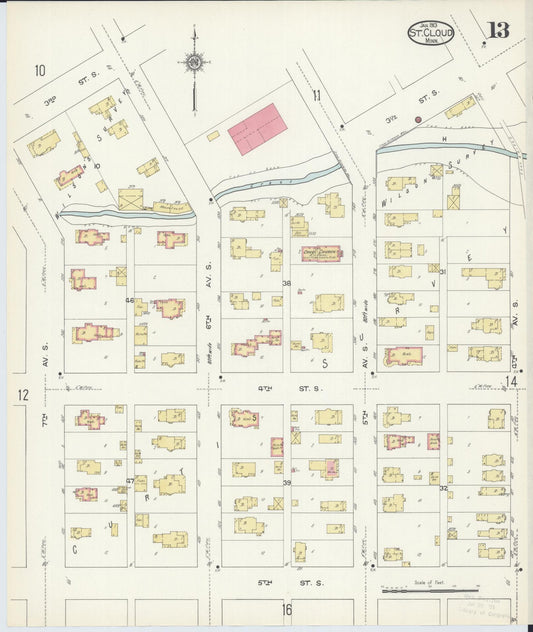 Sanborn Fire Insurance Map from Saint Cloud, Stearns, Benton, and Sherburne Counties, Minnesota (1913), Sheet #0013 - Historic Sanborn Fire Insurance Map Print, vintage old map wall art, antique decor, genealogy gift, Minnesota Minnesota map
