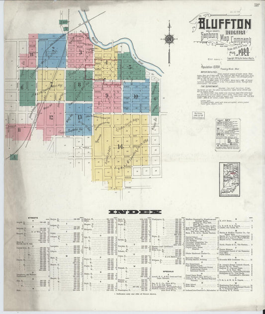 Sanborn Fire Insurance Map from Bluffton, Wells County, Indiana (1919), Sheet #0001 - Historic Sanborn Fire Insurance Map Print, vintage old map wall art, antique decor, genealogy gift, Indiana Indiana map