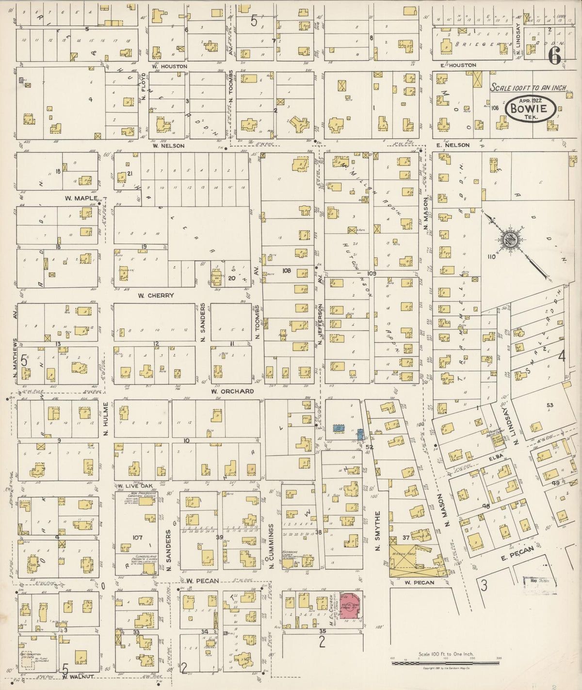 Sanborn Fire Insurance Map from Bowie, Montague County, Texas (1922), Sheet #0006 - Complete Map Set gallery image, historic Sanborn map, vintage wall art, Texas Texas