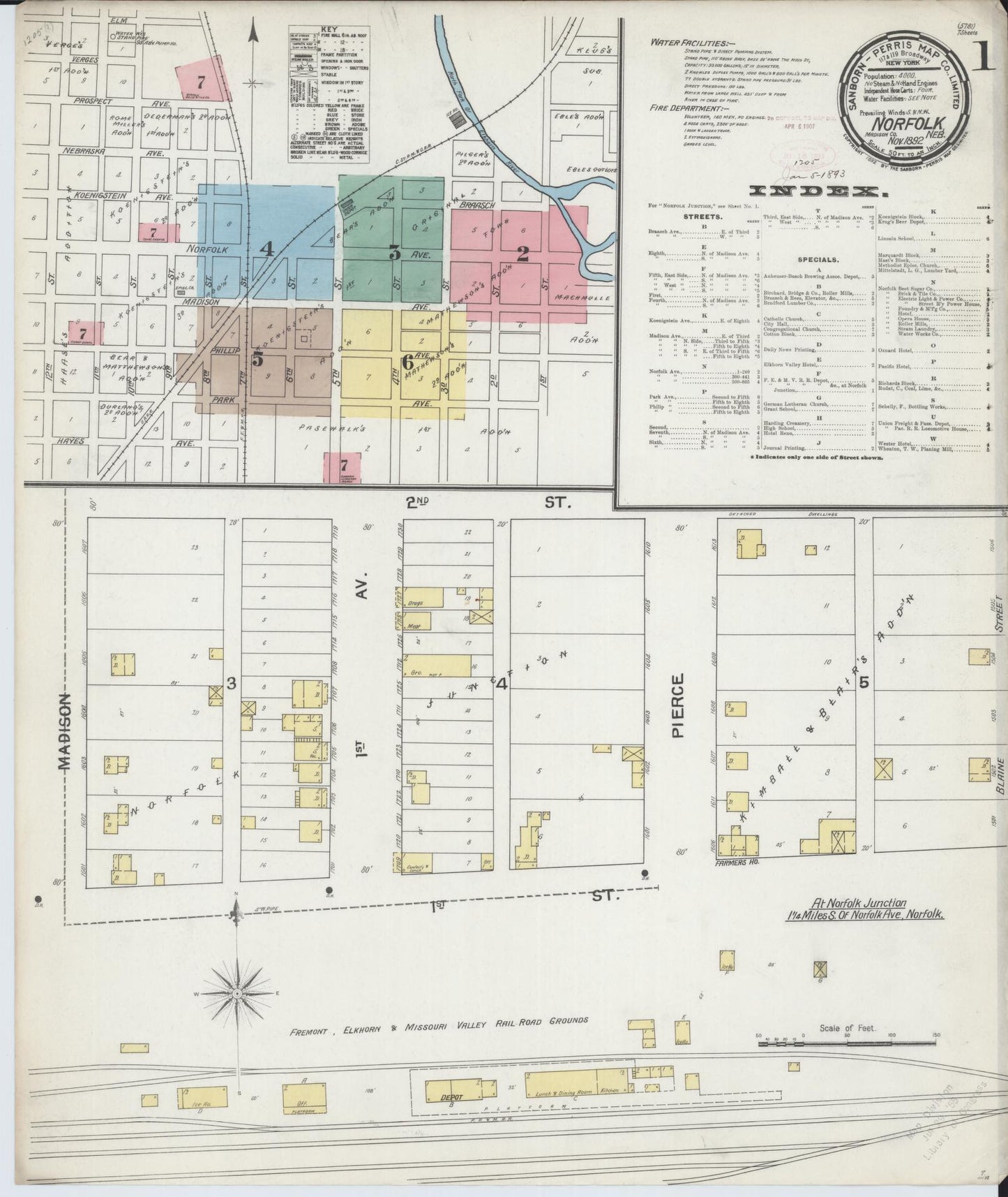 Sanborn Fire Insurance Map from Norfolk, Madison County, Nebraska (1892), Sheet #0001 - Complete Map Set gallery image, historic Sanborn map, vintage wall art, Nebraska Nebraska