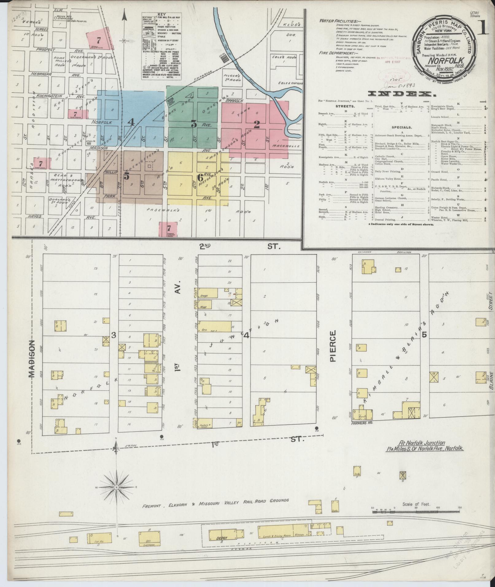 Sanborn Fire Insurance Map from Norfolk, Madison County, Nebraska (1892), Sheet #0001 - Complete Map Set gallery image, historic Sanborn map, vintage wall art, Nebraska Nebraska