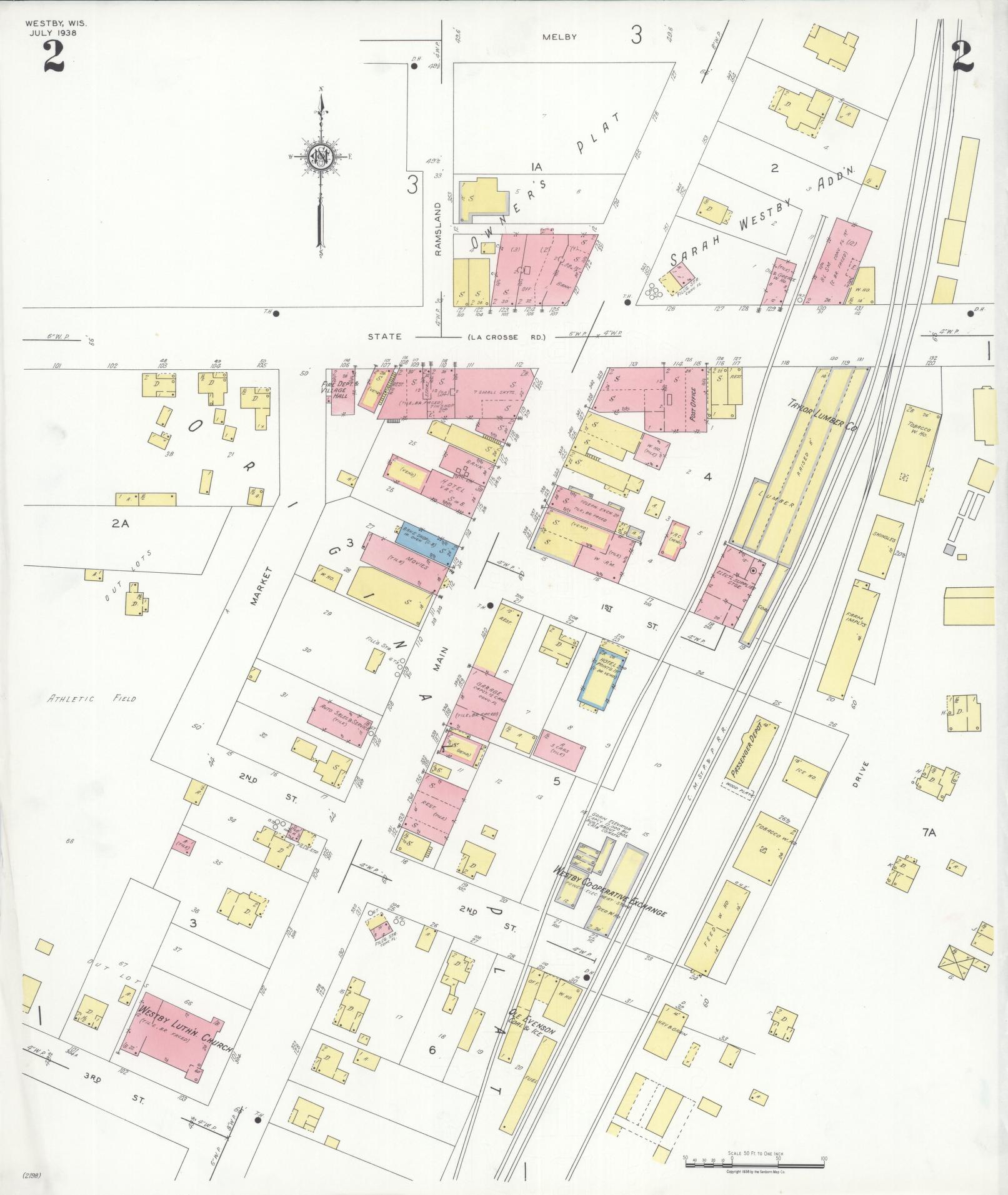 Sanborn Fire Insurance Map from Westby, Vernon County, Wisconsin (1938), Sheet #0002 - Historic Sanborn Fire Insurance Map Print, vintage old map wall art, antique decor, genealogy gift, Wisconsin Wisconsin map