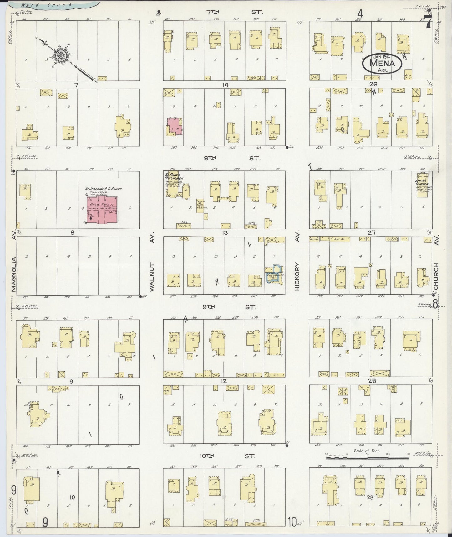 Sanborn Fire Insurance Map from Mena, Polk County, Arkansas (1914), Sheet #0007 - Historic Sanborn Fire Insurance Map Print, vintage old map wall art, antique decor, genealogy gift, Arkansas Arkansas map