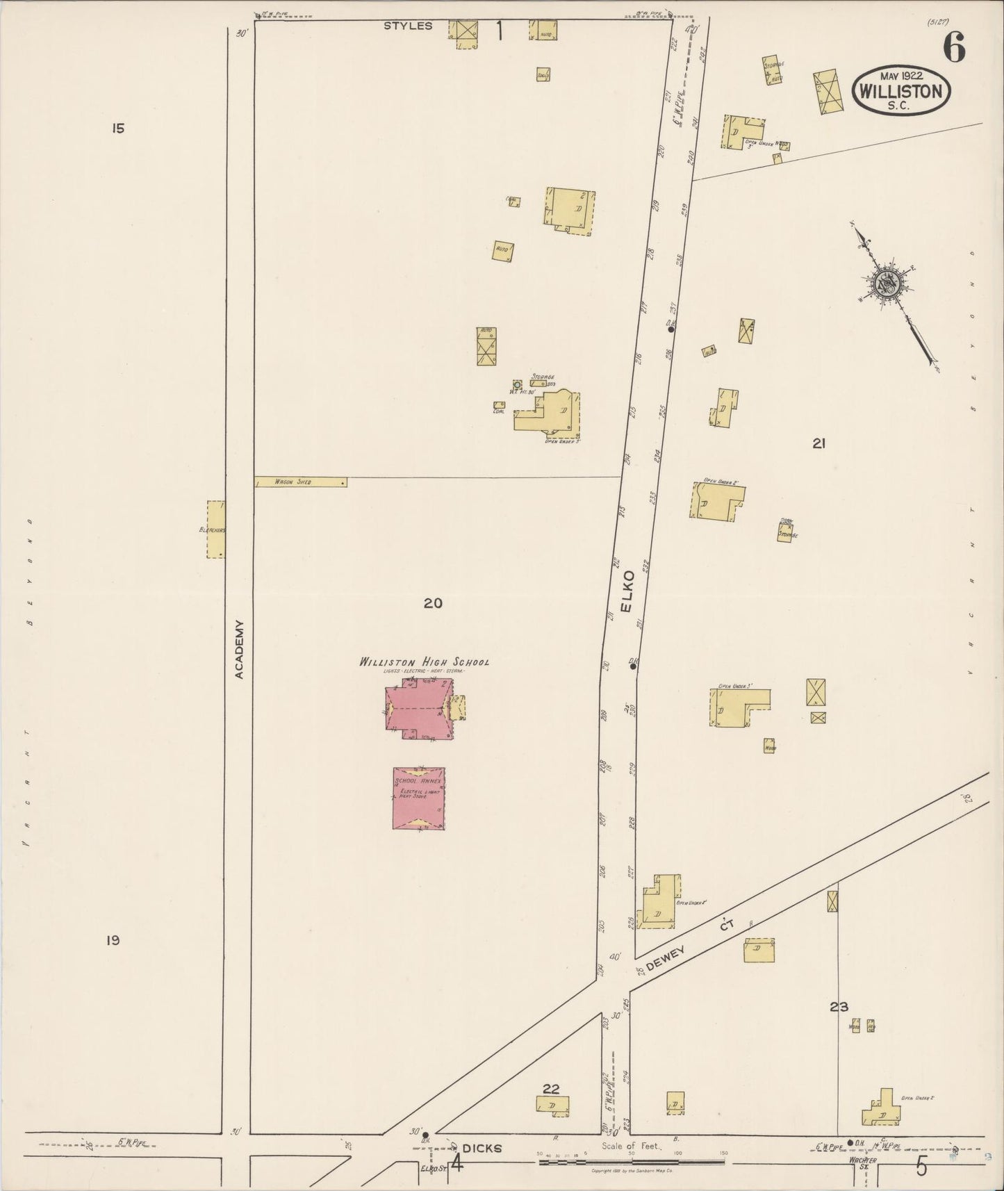 Sanborn Fire Insurance Map from Williston, Barnwell County, South Carolina (1922), Sheet #0006 - Complete Map Set gallery image, historic Sanborn map, vintage wall art, South Carolina South Carolina