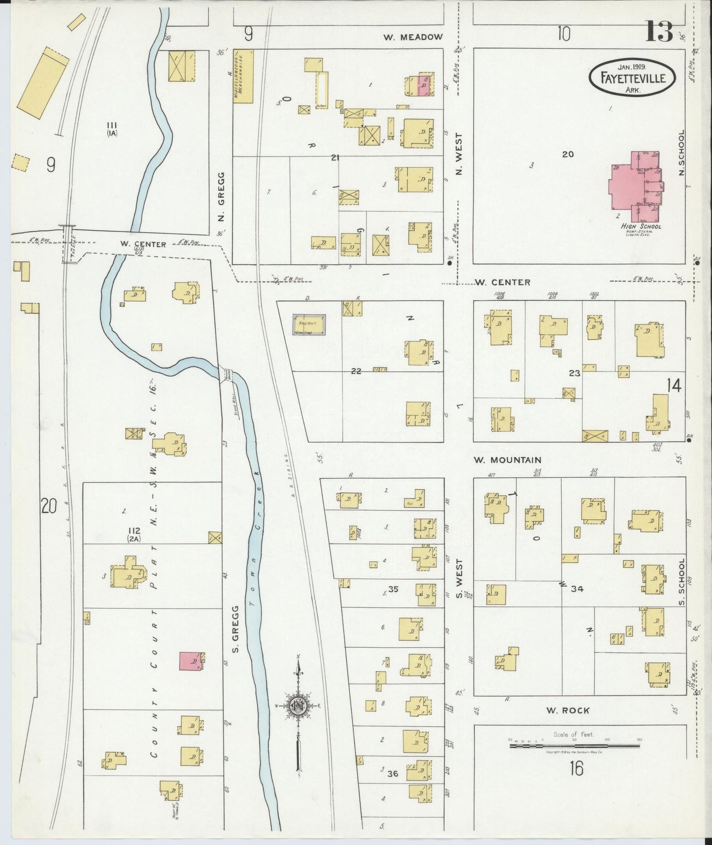 Sanborn Fire Insurance Map from Fayetteville, Washington County, Arkansas (1919), Sheet #0013 - Historic Sanborn Fire Insurance Map Print, vintage old map wall art, antique decor, genealogy gift, Arkansas Arkansas map