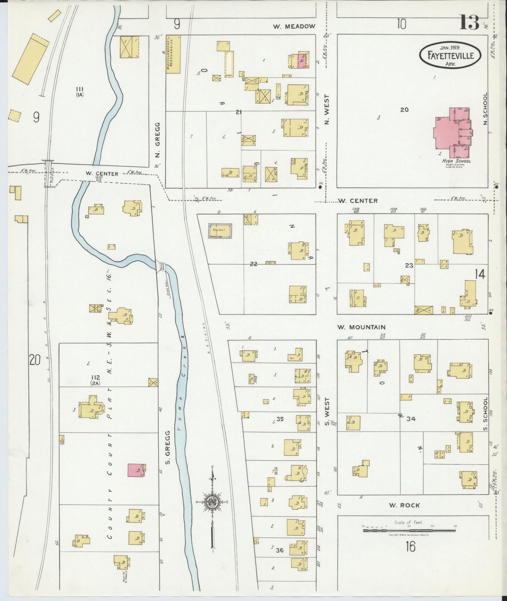 Sanborn Fire Insurance Map from Fayetteville, Washington County, Arkansas (1919), Sheet #0013 - Historic Sanborn Fire Insurance Map Print, vintage old map wall art, antique decor, genealogy gift, Arkansas Arkansas map