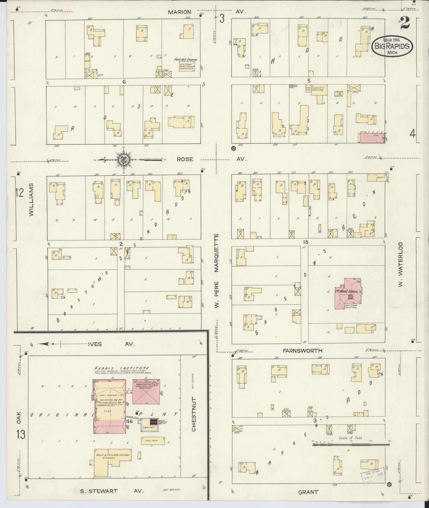 Sanborn Fire Insurance Map from Big Rapids, Mecosta County, Michigan (1914), Sheet #0002 - Historic Sanborn Fire Insurance Map Print, vintage old map wall art, antique decor, genealogy gift, Michigan Michigan map