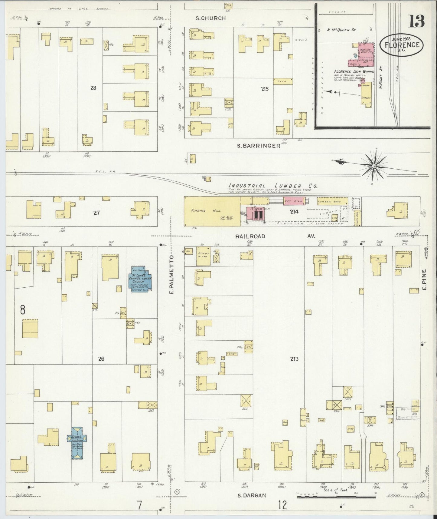 Sanborn Fire Insurance Map from Florence, Florence County, South Carolina (1908), Sheet #0013 - Historic Sanborn Fire Insurance Map Print, vintage old map wall art, antique decor, genealogy gift, South Carolina South Carolina map