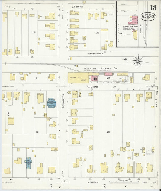 Sanborn Fire Insurance Map from Florence, Florence County, South Carolina (1908), Sheet #0013 - Historic Sanborn Fire Insurance Map Print, vintage old map wall art, antique decor, genealogy gift, South Carolina South Carolina map