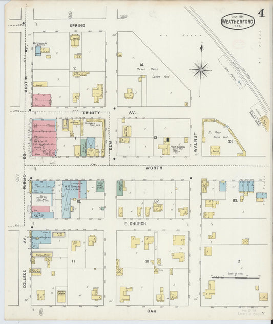 Sanborn Fire Insurance Map from Weatherford, Parker County, Texas (1894), Sheet #0004 - Historic Sanborn Fire Insurance Map Print, vintage old map wall art, antique decor, genealogy gift, Texas Texas map