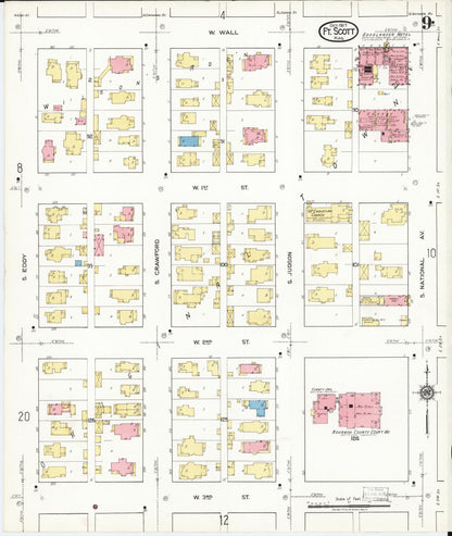 Sanborn Fire Insurance Map from Fort Scott, Bourbon County, Kansas (1917), Sheet #0009 - Complete Map Set gallery image, historic Sanborn map, vintage wall art, Kansas Kansas