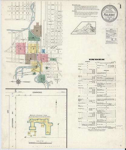 Sanborn Fire Insurance Map from Pulaski, Pulaski County, Virginia (1913), Sheet #0001 - Complete Map Set gallery image, historic Sanborn map, vintage wall art, Virginia Virginia