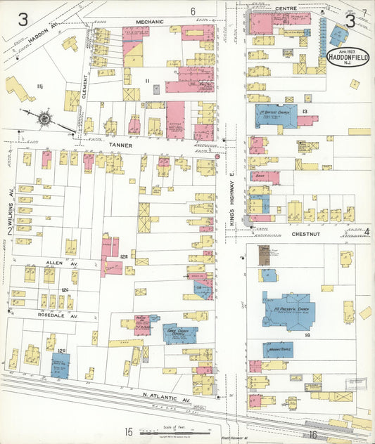 Sanborn Fire Insurance Map from Haddonfield, Camden County, New Jersey (1923), Sheet #0003 - Historic Sanborn Fire Insurance Map Print, vintage old map wall art, antique decor, genealogy gift, New Jersey New Jersey map