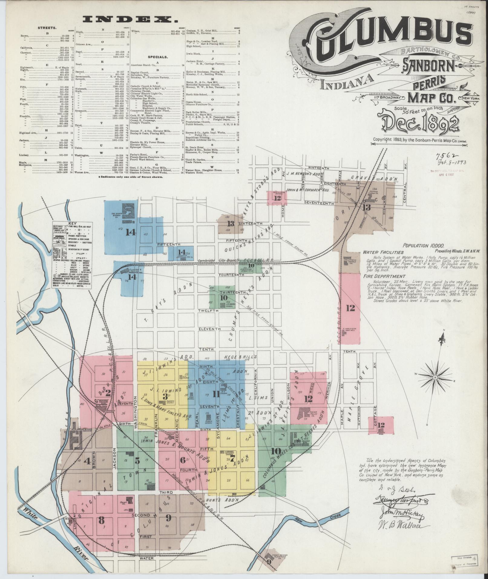 Sanborn Fire Insurance Map from Columbus, Bartholomew County, Indiana (1892), Sheet #0001 - Historic Sanborn Fire Insurance Map Print, vintage old map wall art, antique decor, genealogy gift, Indiana Indiana map