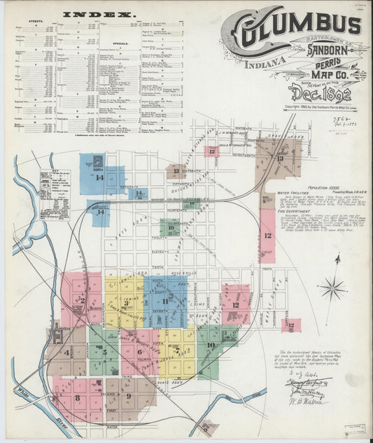 Sanborn Fire Insurance Map from Columbus, Bartholomew County, Indiana (1892), Sheet #0001 - Historic Sanborn Fire Insurance Map Print, vintage old map wall art, antique decor, genealogy gift, Indiana Indiana map