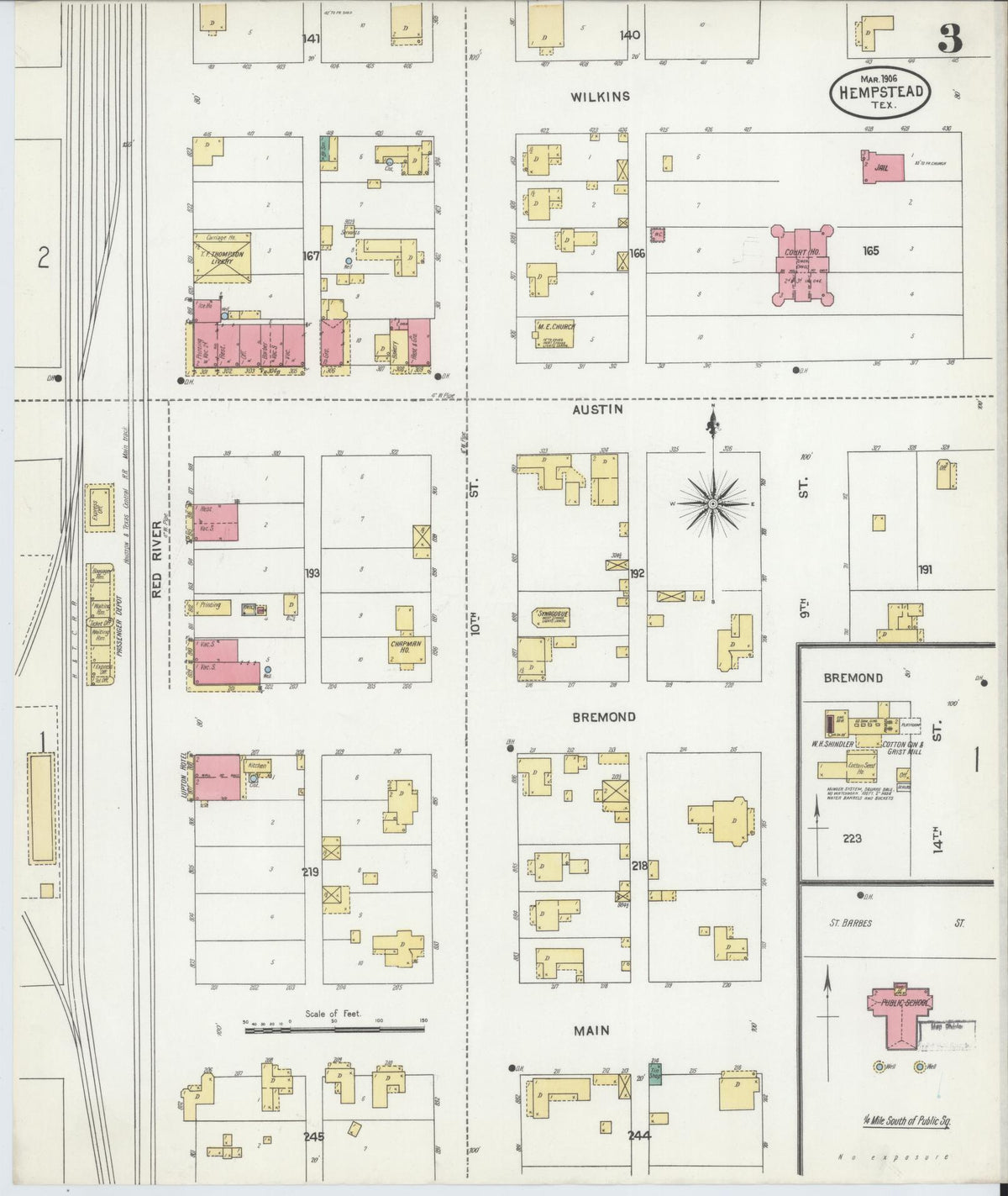 Sanborn Fire Insurance Map from Hempstead, Waller County, Texas (1906), Sheet #0003 - Historic Sanborn Fire Insurance Map Print, vintage old map wall art, antique decor, genealogy gift, Texas Texas map
