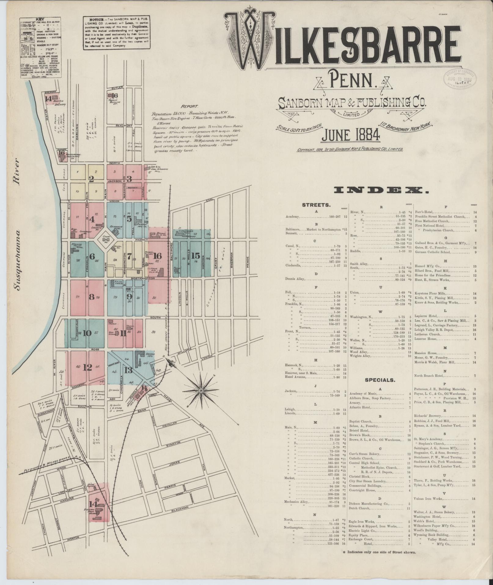 Sanborn Fire Insurance Map from Wilkes Barre, Luzerne County, Pennsylvania (1884), Sheet #0001 - Complete Map Set gallery image, historic Sanborn map, vintage wall art, Pennsylvania Pennsylvania