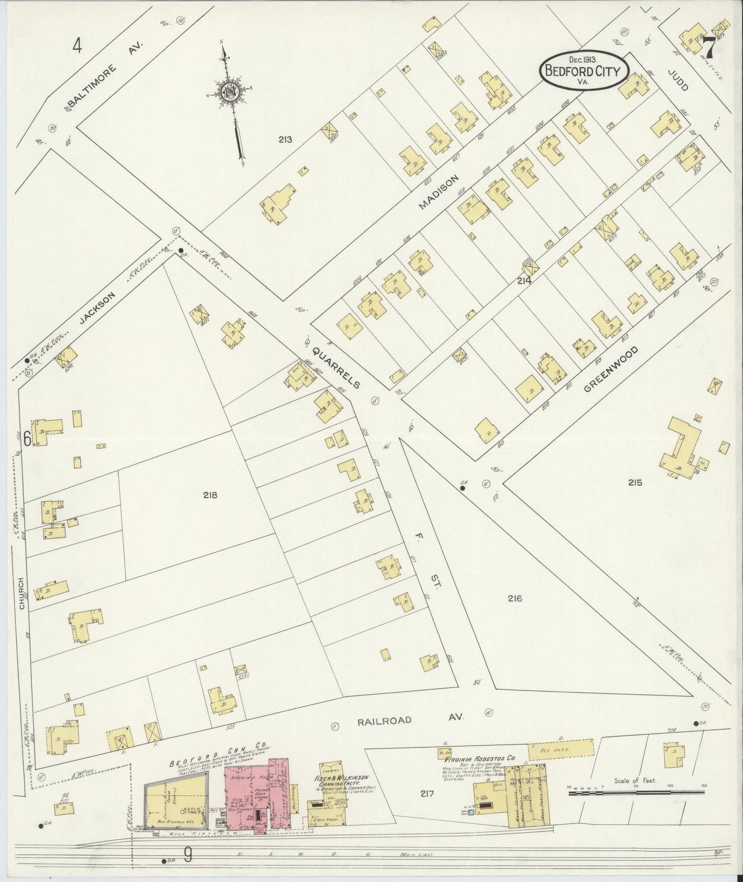 Sanborn Fire Insurance Map from Bedford, Independent Cities, Virginia (1913), Sheet #0007 - Historic Sanborn Fire Insurance Map Print, vintage old map wall art, antique decor, genealogy gift, Virginia Virginia map