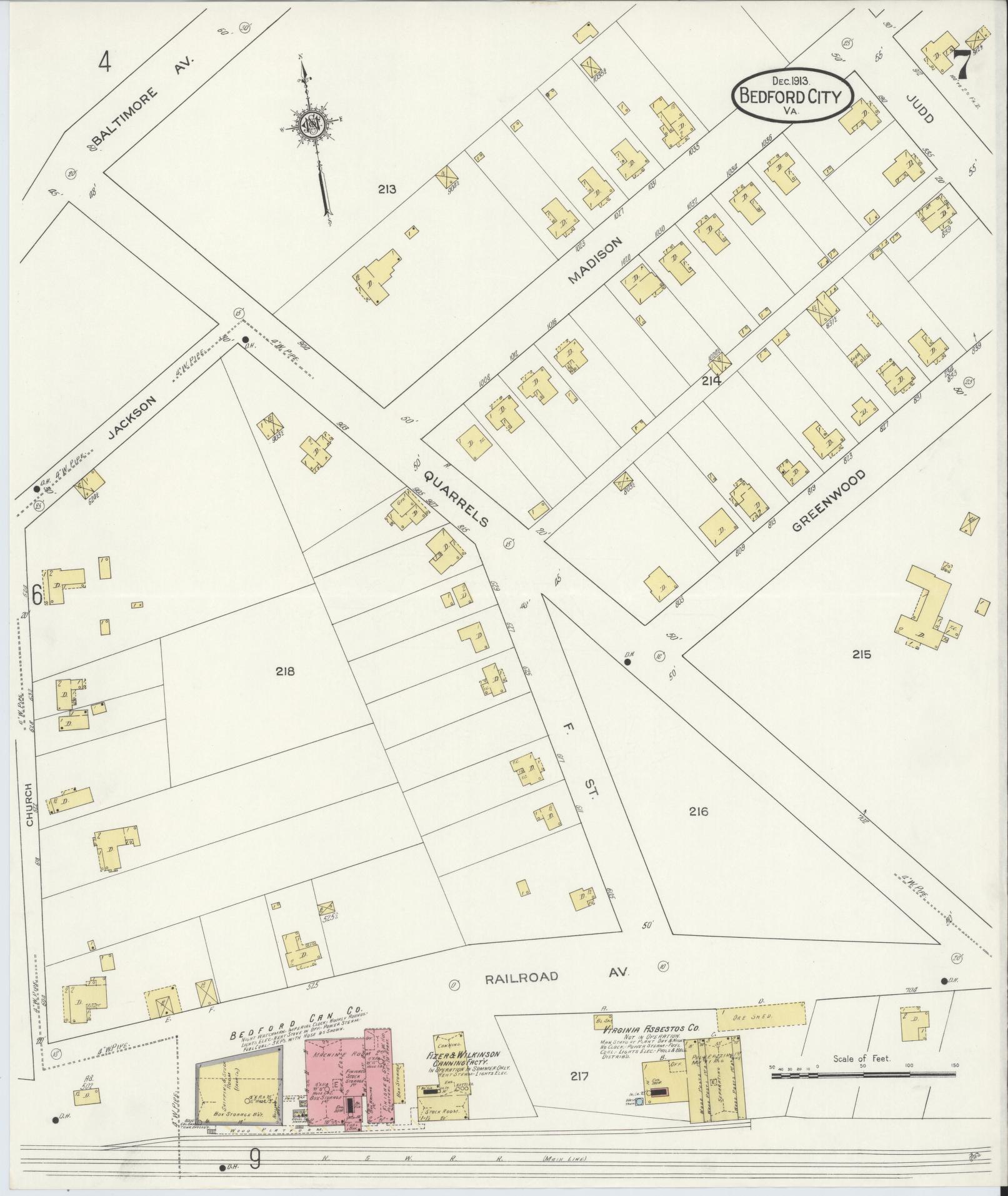 Sanborn Fire Insurance Map from Bedford, Independent Cities, Virginia (1913), Sheet #0007 - Historic Sanborn Fire Insurance Map Print, vintage old map wall art, antique decor, genealogy gift, Virginia Virginia map
