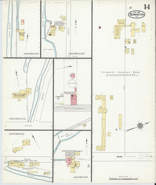 Sanborn Fire Insurance Map from Bennington, Bennington County, Vermont (1912), Sheet #0014 - Historic Sanborn Fire Insurance Map Print, vintage old map wall art, antique decor, genealogy gift, Vermont Vermont map