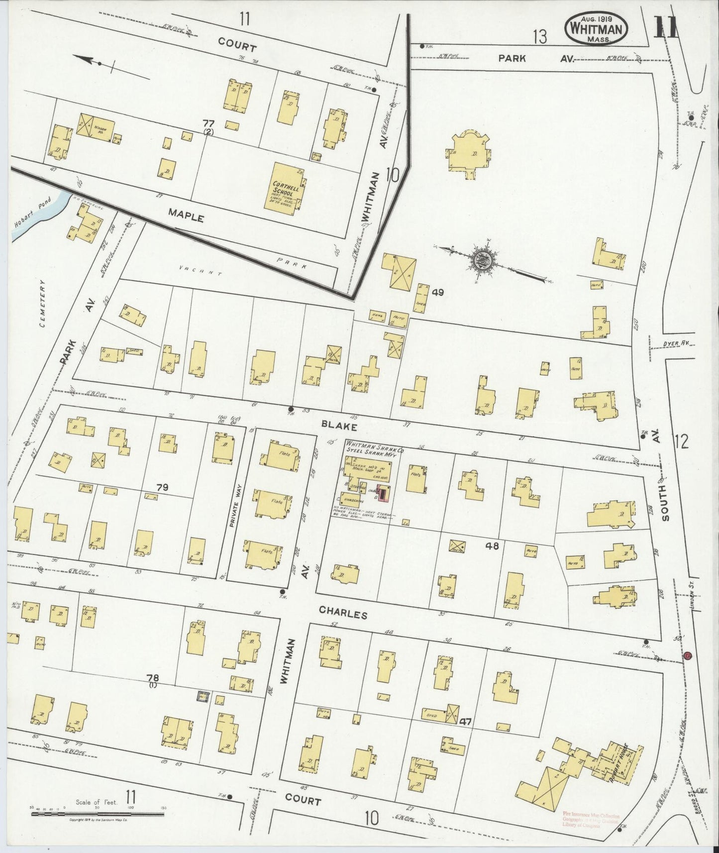 Sanborn Fire Insurance Map from Whitman, Plymouth County, Massachusetts (1919), Sheet #0011 - Historic Sanborn Fire Insurance Map Print, vintage old map wall art, antique decor, genealogy gift, Massachusetts Massachusetts map