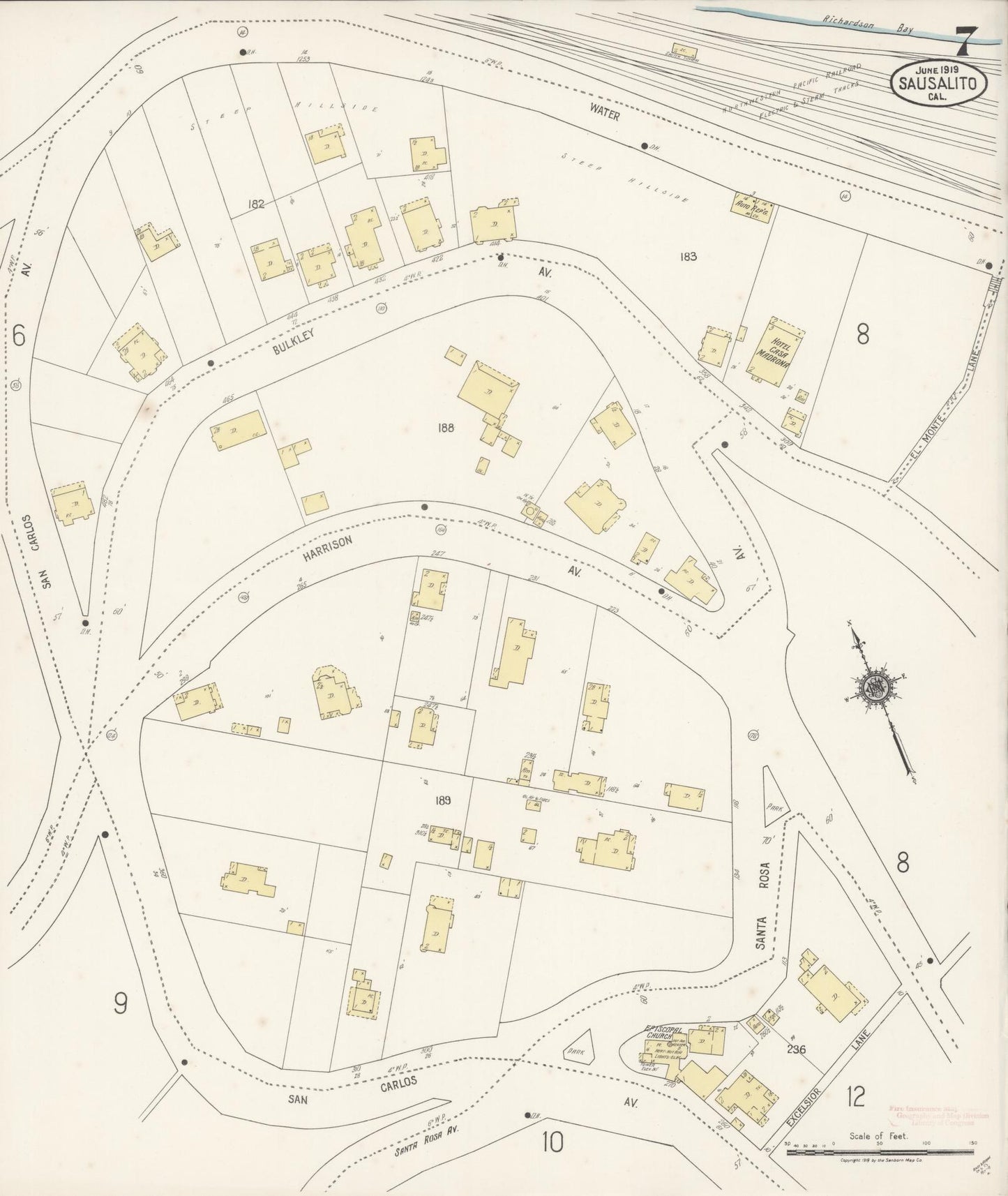 Sanborn Fire Insurance Map from Sausalito, Marin County, California (1919), Sheet #0007 - Complete Map Set gallery image, historic Sanborn map, vintage wall art, California California