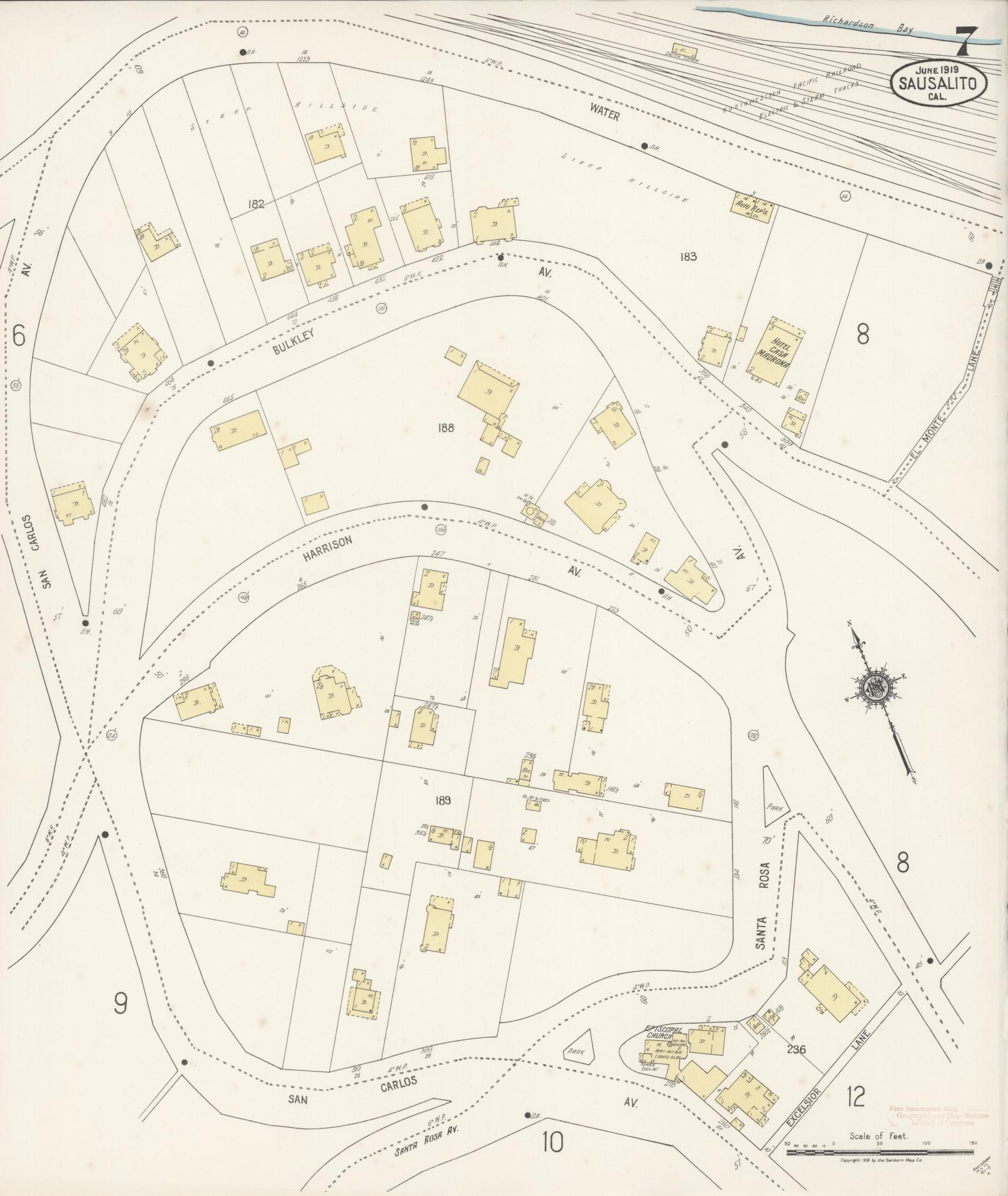 Sanborn Fire Insurance Map from Sausalito, Marin County, California (1919), Sheet #0007 - Complete Map Set gallery image, historic Sanborn map, vintage wall art, California California