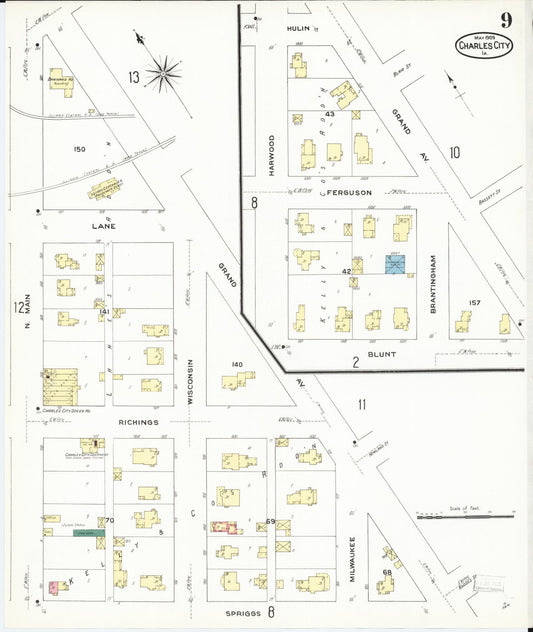 Sanborn Fire Insurance Map from Charles City, Floyd County, Iowa (1909), Sheet #0009 - Historic Sanborn Fire Insurance Map Print, vintage old map wall art