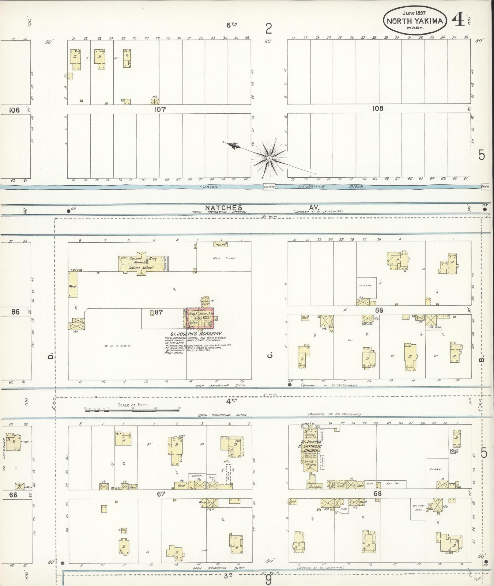 Sanborn Fire Insurance Map from North Yakima, Yakima County, Washington (1897), Sheet #0004 - Historic Sanborn Fire Insurance Map Print, vintage old map wall art, antique decor, genealogy gift, Washington Washington map