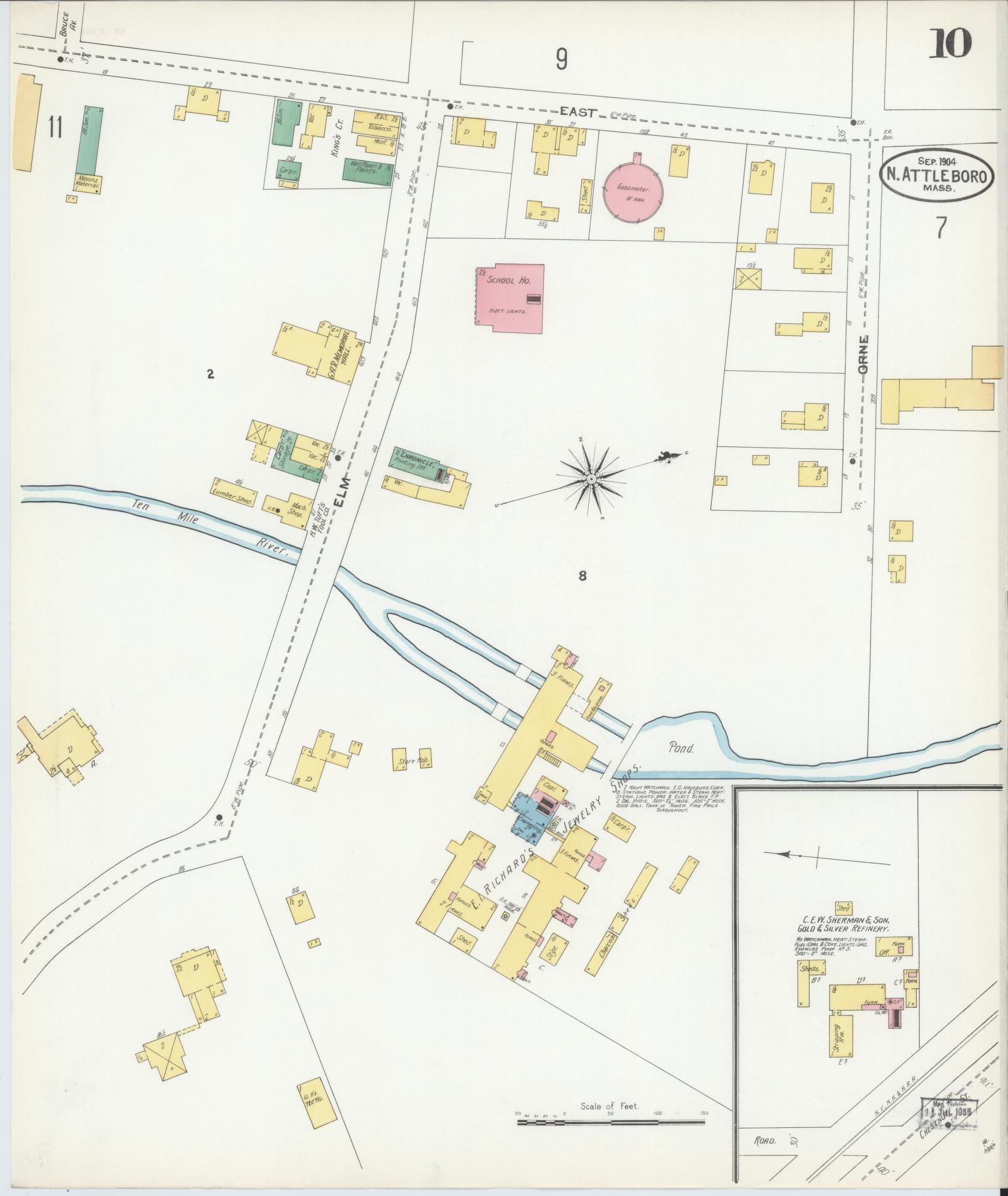Sanborn Fire Insurance Map from North Attleborough, Bristol County, Massachusetts (1904), Sheet #0010 - Historic Sanborn Fire Insurance Map Print, vintage old map wall art, antique decor, genealogy gift, Massachusetts Massachusetts map