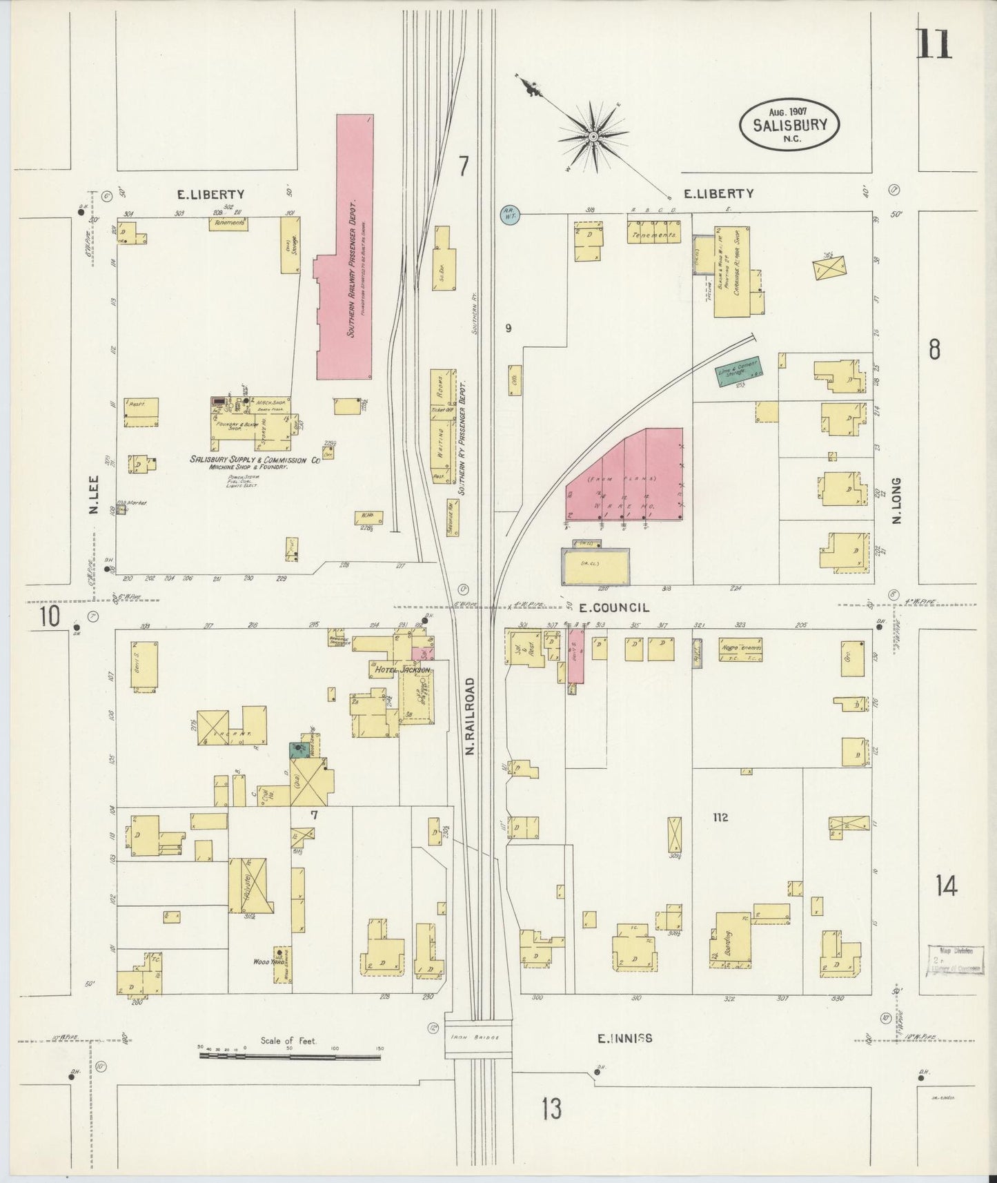 Sanborn Fire Insurance Map from Salisbury, Rowan County, North Carolina (1907), Sheet #0011 - Complete Map Set gallery image, historic Sanborn map, vintage wall art, North Carolina North Carolina
