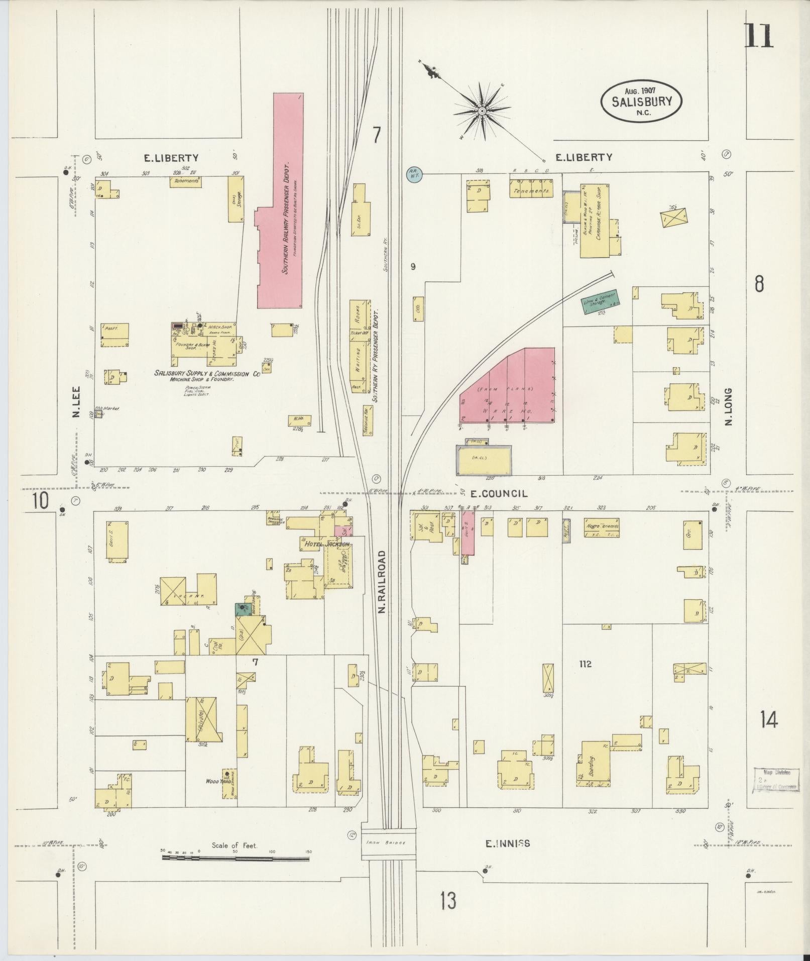 Sanborn Fire Insurance Map from Salisbury, Rowan County, North Carolina (1907), Sheet #0011 - Complete Map Set gallery image, historic Sanborn map, vintage wall art, North Carolina North Carolina