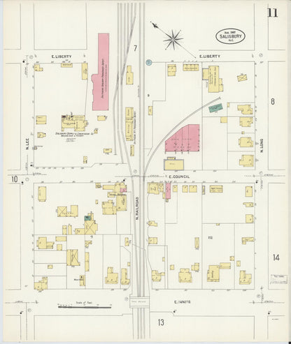 Sanborn Fire Insurance Map from Salisbury, Rowan County, North Carolina (1907), Sheet #0011 - Complete Map Set gallery image, historic Sanborn map, vintage wall art, North Carolina North Carolina