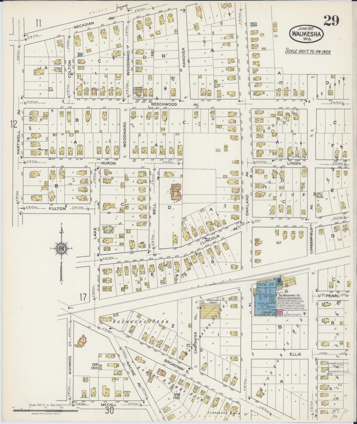 Sanborn Fire Insurance Map from Waukesha, Waukesha County, Wisconsin (1917), Sheet #0029 - Complete Map Set gallery image, historic Sanborn map, vintage wall art, Wisconsin Wisconsin