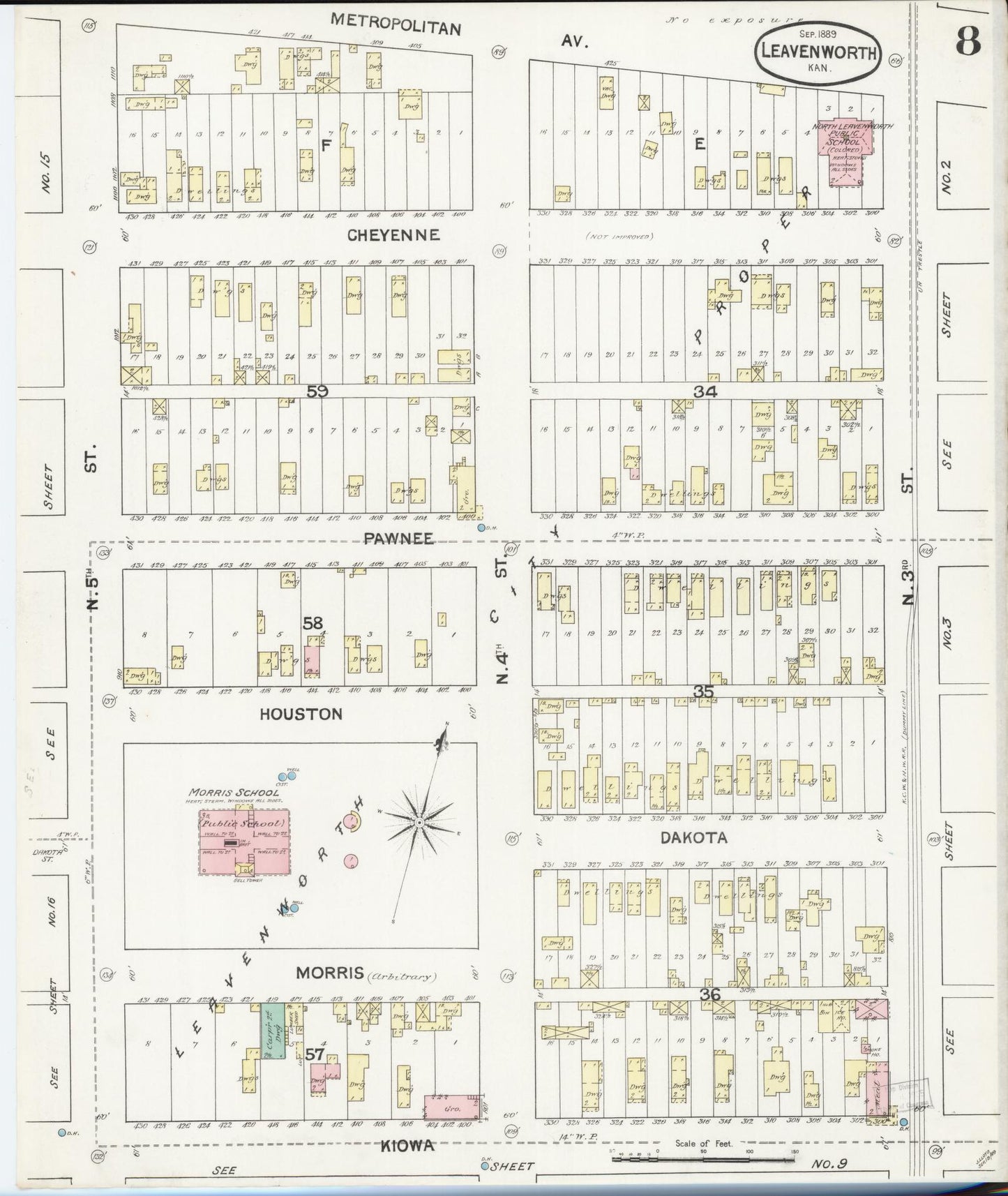 Sanborn Fire Insurance Map from Leavenworth, Leavenworth County, Kansas (1889), Sheet #0009 - Complete Map Set gallery image, historic Sanborn map, vintage wall art, Kansas Kansas