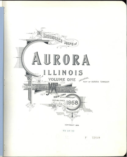 Sanborn Fire Insurance Map from Aurora, Kane County, Illinois (1958), Sheet #0001 - Complete Map Set gallery image, historic Sanborn map, vintage wall art, Illinois Illinois