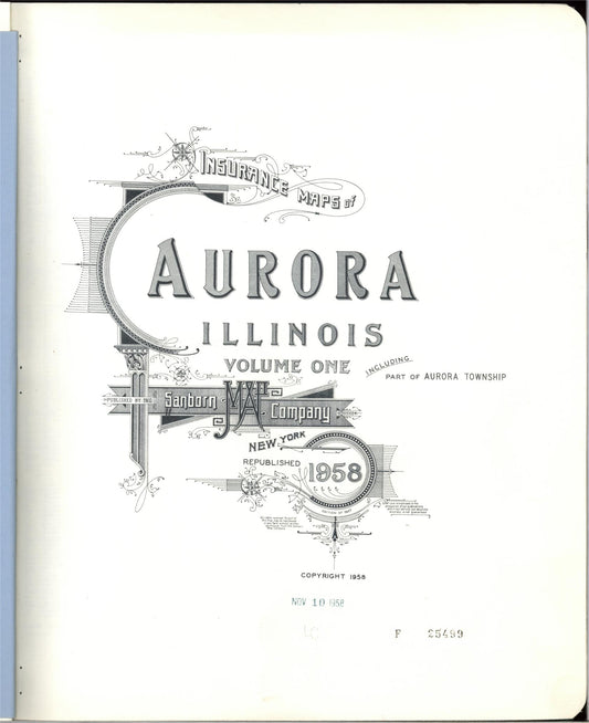 Sanborn Fire Insurance Map from Aurora, Kane County, Illinois (1958), Sheet #0001 - Complete Map Set gallery image, historic Sanborn map, vintage wall art, Illinois Illinois