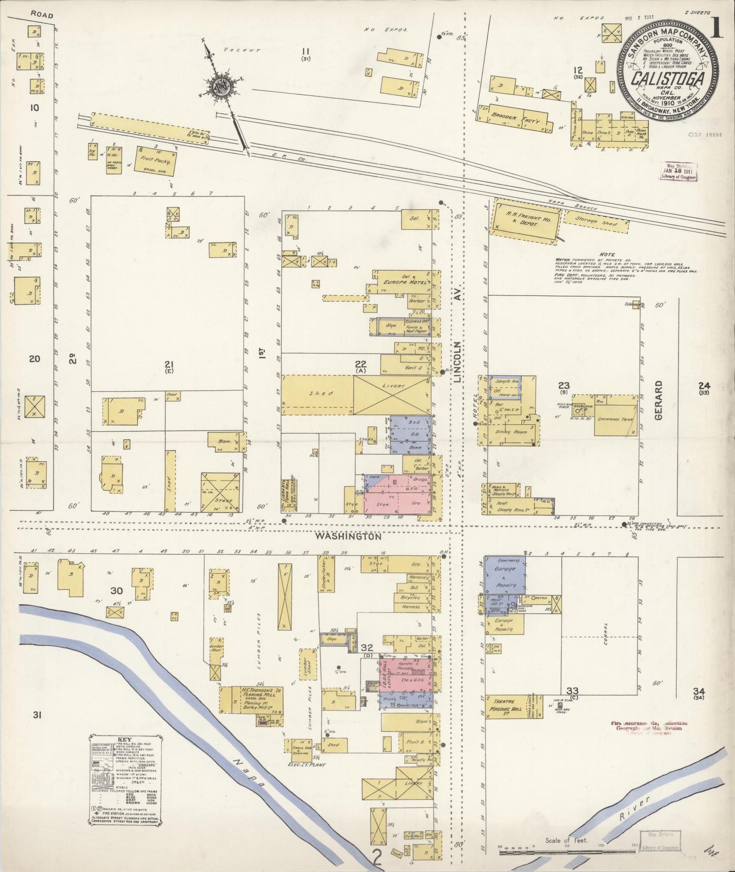 Sanborn Fire Insurance Map from Calistoga, Napa County, California (1910), Sheet #0001 - Complete Map Set gallery image, historic Sanborn map, vintage wall art, California California