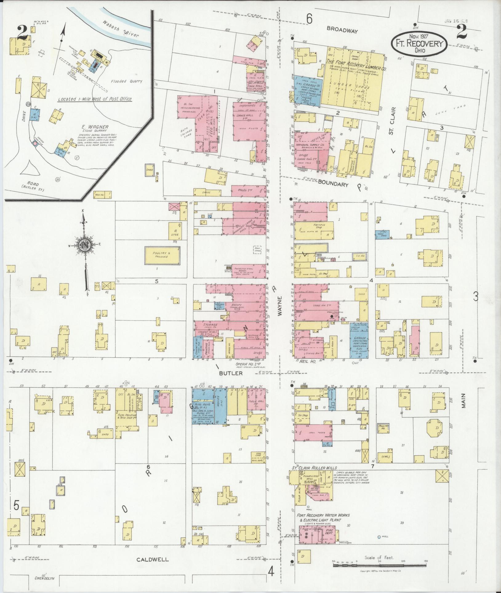 Sanborn Fire Insurance Map from Fort Recovery, Mercer County, Ohio (1927), Sheet #0002 - Historic Sanborn Fire Insurance Map Print, vintage old map wall art, antique decor, genealogy gift, Ohio Ohio map