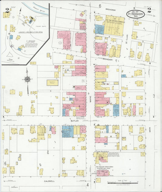 Sanborn Fire Insurance Map from Fort Recovery, Mercer County, Ohio (1927), Sheet #0002 - Historic Sanborn Fire Insurance Map Print, vintage old map wall art, antique decor, genealogy gift, Ohio Ohio map