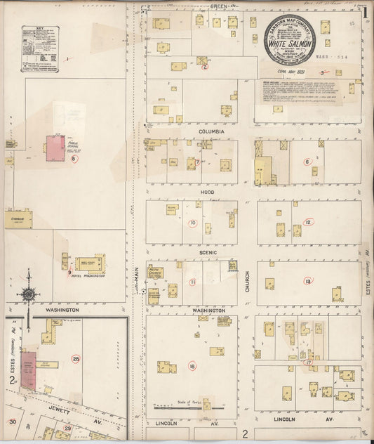 Sanborn Fire Insurance Map from White Salmon, Klickitat County, Washington (1929), Sheet #0001 - Historic Sanborn Fire Insurance Map Print, vintage old map wall art, antique decor, genealogy gift, Washington Washington map