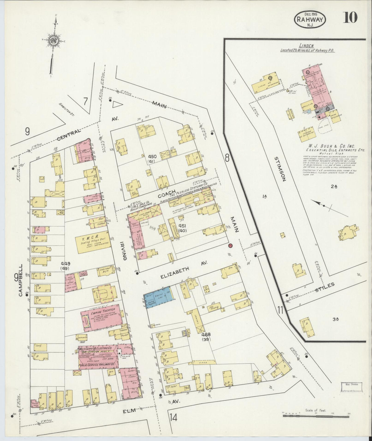 Sanborn Fire Insurance Map from Rahway, Union County, New Jersey (1915), Sheet #0010 - Historic Sanborn Fire Insurance Map Print, vintage old map wall art, antique decor, genealogy gift, New Jersey New Jersey map