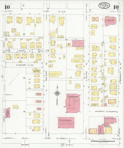 Sanborn Fire Insurance Map from Tyler, Smith County, Texas (1928), Sheet #0010 - Historic Sanborn Fire Insurance Map Print, vintage old map wall art, antique decor, genealogy gift, Texas Texas map