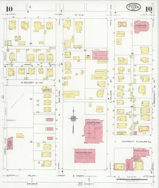 Sanborn Fire Insurance Map from Tyler, Smith County, Texas (1928), Sheet #0010 - Historic Sanborn Fire Insurance Map Print, vintage old map wall art, antique decor, genealogy gift, Texas Texas map